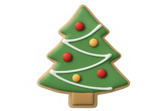 Christmas tree shaped cookie with green icing and colorful candy decorations on transparent background