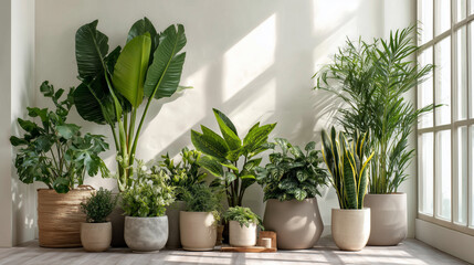 Indoor plants arranged near a window, basking in natural sunlight