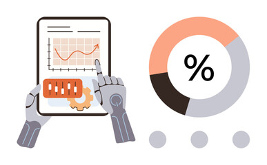 Robotic hands holding data tablet with upward graph, pie chart with percentage. Ideal for analytics, automation, AI, technology, innovation, progress research. Represents simple flat metaphor