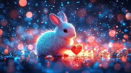 Magical rabbit holding heart fantasy illustration