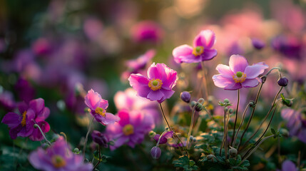 Obraz premium Blooming Pink Flowers in a Softly Lit Garden
