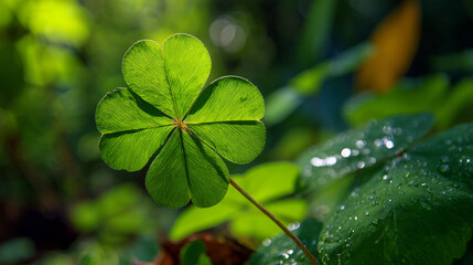 A vibrant four-leaf clover glistening with dew drops amidst lush green foliage