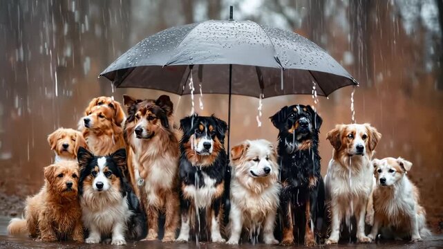 A group of dogs standing under an umbrella in the rain