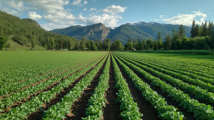 Neat Rows of Crops in a Lush Valley with Mountain Backdrop