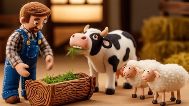 A Claymation Farmer Feeding His Animals: Heartwarming Scene of Rural Life Depicting a Cow and Sheep Enjoying a Fresh Meal of Grass on a Sunny Day