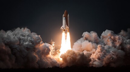 A space shuttle lifts off amid a burst of flames and a cloud of billowing smoke ascending against a dark sky Mission Success!