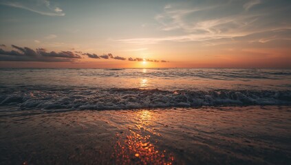 Golden sunset over a calm ocean beach with gentle waves, glowing horizon, and soft reflections on wet sand, ultra-HD landscape nature wallpaper, Generative AI