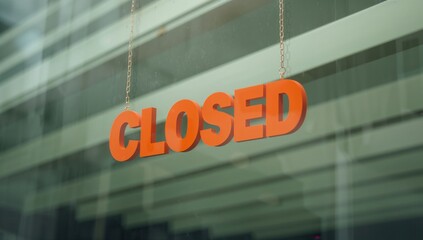 A bright orange 'CLOSED' sign hanging in a window with a modern building reflection, conveying a temporary closure atmosphere