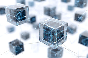 Modern 3D network of interconnected transparent cubes with glowing lines representing data flow and digital innovation