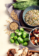 Asortment of plant based vegan protein products. Healthy eating.
