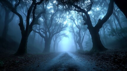 Spooky Haunted Forest with Glowing "Happy Halloween" Text Emerging from Fog - Cinematic Eerie Animation