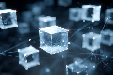 Futuristic data cubes connected by network lines, ideal for tech, blockchain, and digital transformation concepts, representing interconnectedness