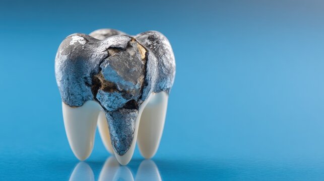 Detailed Close-Up of a Silver Filling on a Tooth with a Blue Background