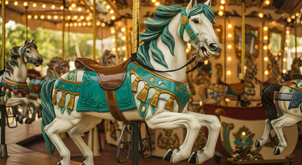 Fototapeta premium Vintage Carousel Horse Fairytale Ride Childhood Dream Festive Fun Amusement Park Nostalgia Classic Whimsical Magical Dreamland Fantasy Sweet Memories Family Fun Carousel Horse