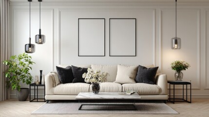 Modern Elegant Living Room with White Sofa and Decorative Plants