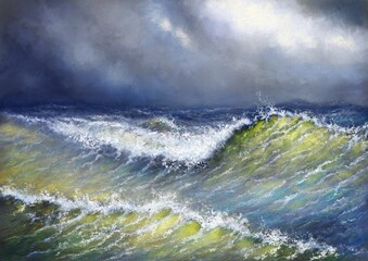 Paintings sea landscape, stormy sea waves under dramatic sky
