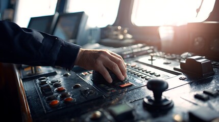 Hand controlling ship console Pilot in control navigation system steering the boat through the water Captain controlling vessel