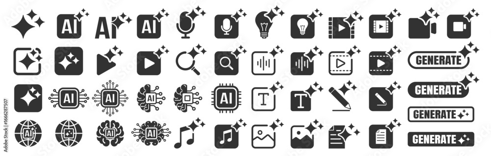 Wall mural generate ai icon set, artificial intelligence media buttons for image, video, audio and text, modern