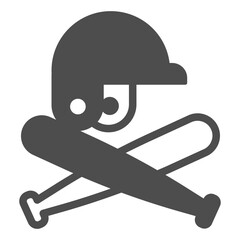 Crossed bats with helmet solid icon, baseball game concept. Vector graphics. Bats pair and sport hat, attribute sign on white background, glyph style icon for mobile or web design.