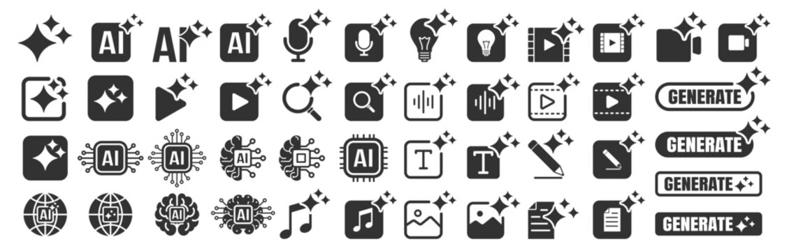 Generate AI icon set, artificial intelligence media buttons for image, video, audio and text, modern UI symbols for apps and websites on transparent background