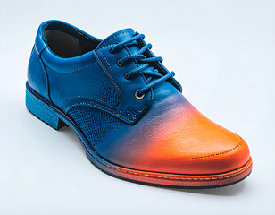A stylish and unique men's dress shoe featuring a vibrant blue to orange gradient color. Modern formal footwear isolated on a white background. Perfect for fashion and luxury concepts. Generative AI