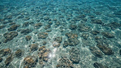 Fototapeta premium Stunning underwater view of clear water over vibrant coral formations and shimmering sunlight
