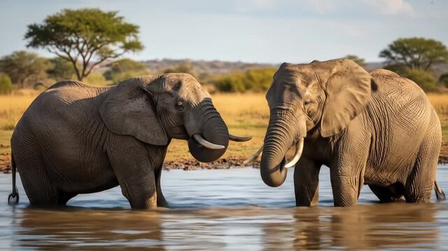 Two Gray Elephants Standing in Water With Green Trees and Grass in Background at Daytime