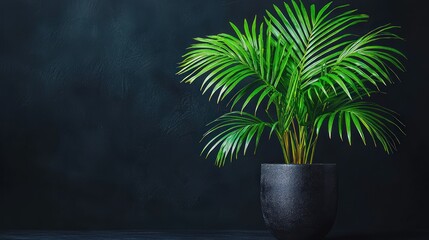 Vibrant palm plant in dark gray pot against a moody backdrop