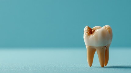 Realistic depiction of a decayed tooth on a blue background highlighting dental health and hygiene concepts for educational use