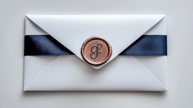 White envelope with dark blue ribbon and copper wax seal - Powered by Adobe