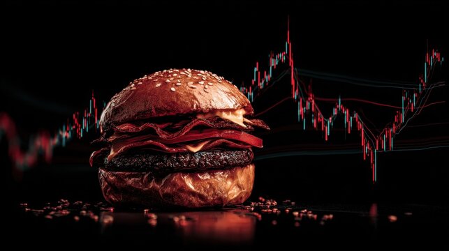 Gourmet Hamburger with Stock Market Graph in Background Showcasing Food and Financial Themes Together - Powered by Adobe