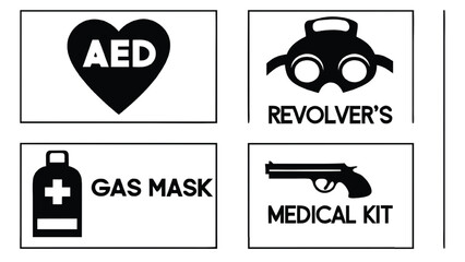 AED gas mask revolver and medical kit icons Keywords: AED, heart, medical, emergency, gas