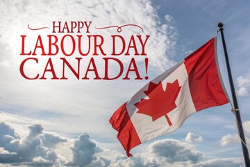 Proud Canadian flag, iconic red and white maple leaf, waving against bright cloudy sky, symbolizing national spirit