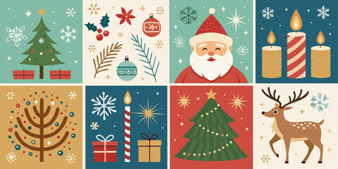 Christmas collage. Christmas themed illustrations of Santa, trees, and decorations  