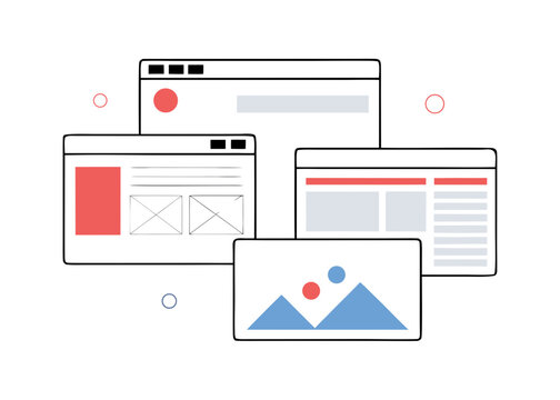 Multiple computer screen layouts with design elements and graphics  