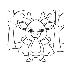 A cute cartoon deer with antlers and bat wings in a forest setting in a simple line drawing fawn