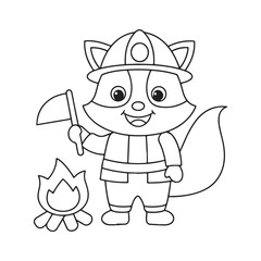 Adorable cartoon raccoon firefighter with a helmet holding a flag near a campfire vector illustration