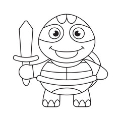 Brave cartoon turtle holding a sword on a white background tortoise character