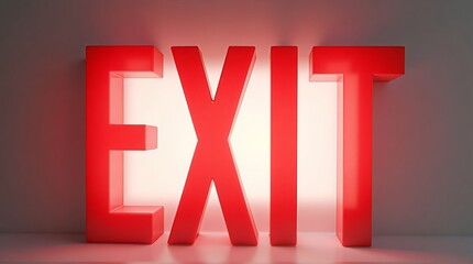 A luminous red exit sign with bright light emanating from behind the letters on a gray background