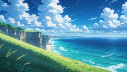 Anime aesthetic landscape ocean view cinematic composition