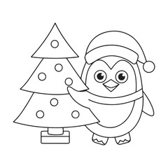 Cartoon Penguin Wearing Santa Hat Next to Christmas Tree Outline holiday