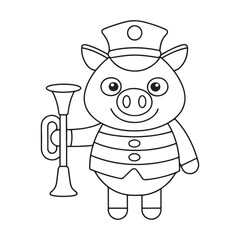 Cartoon Pig Musician Wearing a Hat and Holding a Trumpet Outline horn musical instrument