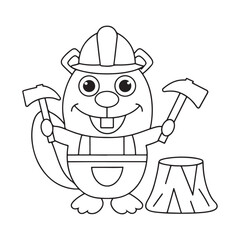 Cheerful cartoon beaver construction worker with hard hat holding hammers and standing by a tree stump on a white background