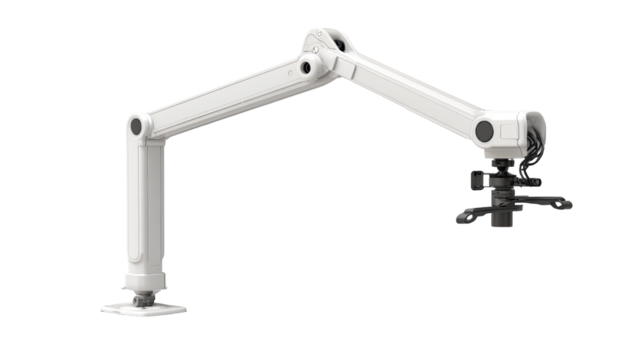 White articulated arm workstation mount.  Adjustable, flexible arm with a base and a camera or microscope mount