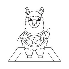 Cute cartoon llama wearing a sweater with stars standing on a rug outline alpaca animal