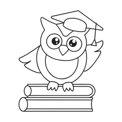 Cute cartoon owl wearing graduation cap and glasses sitting on books bird animal