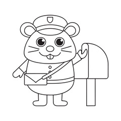 Cute cartoon mouse dressed as a mail carrier putting a letter into a mailbox rodent animal