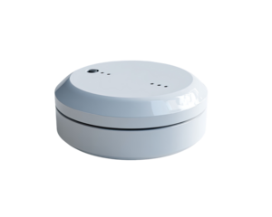 Light gray, round, smooth device with two small dots
