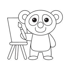 Cute cartoon panda holding a paintbrush and standing next to an easel with a blank canvas bear animal