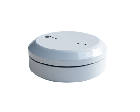 Light gray, round, smooth device with two small dots